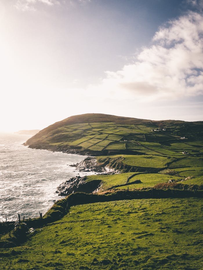 Breathtaking view of Ireland's green hills meeting the ocean, perfect for nature enthusiasts.